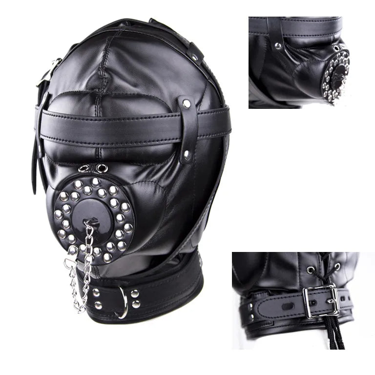 Deluxe Black Leather BDSM Hood with Gag and Chain