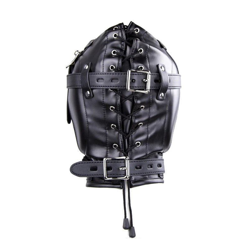 Deluxe Black Leather BDSM Hood with Gag and Chain