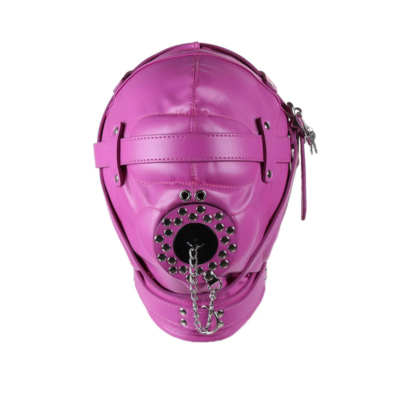 Deluxe Black Leather BDSM Hood with Gag and Chain