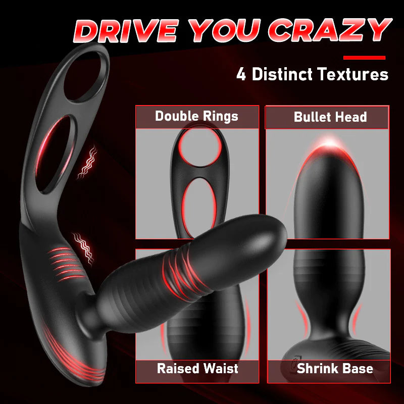 Alston Low Noise 10 Thrusting & Vibrating Double Cock Rings Silicone Prostate Massager